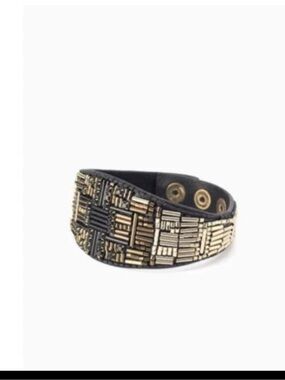 Stella & Dot Jasper Cuff Bracelet with Black Leather and Ombre Metallic Beads